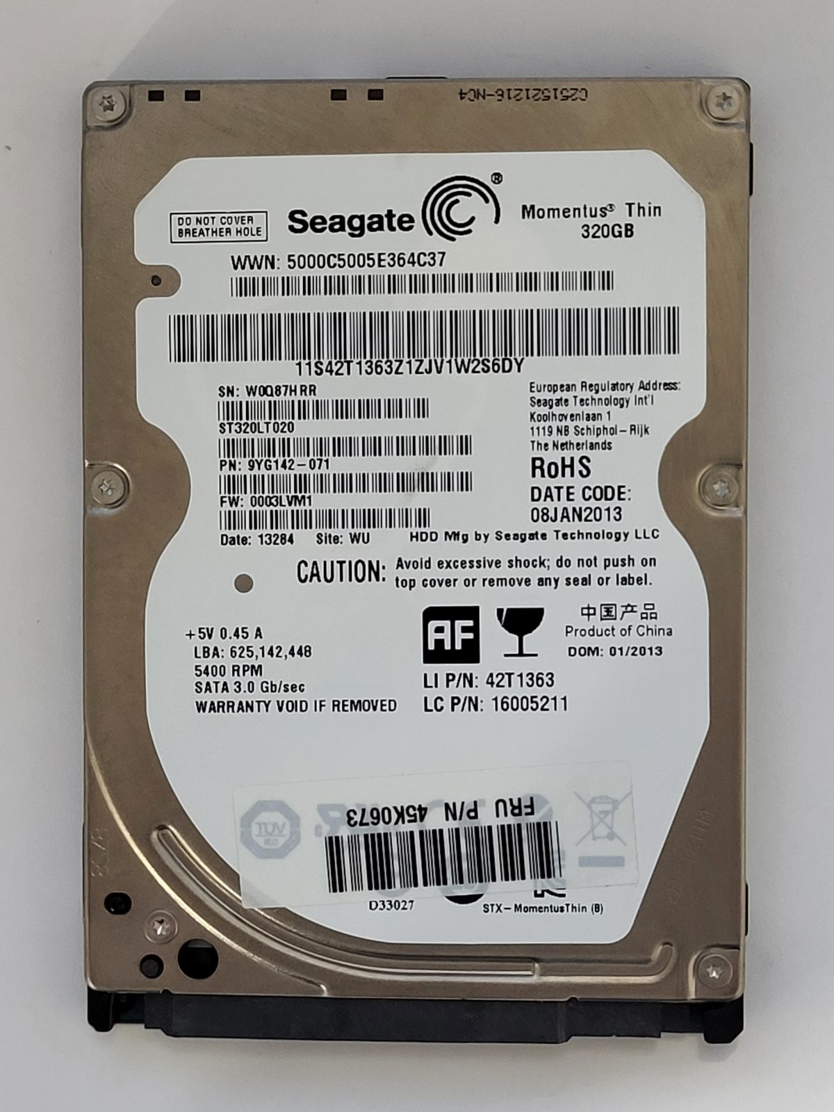 ST320LT020, PN:9YG142-071, SN:W0Q, WU, FW:0003LVM1, 13284 | Seagate 320Go 2,5" SATA HDD STK