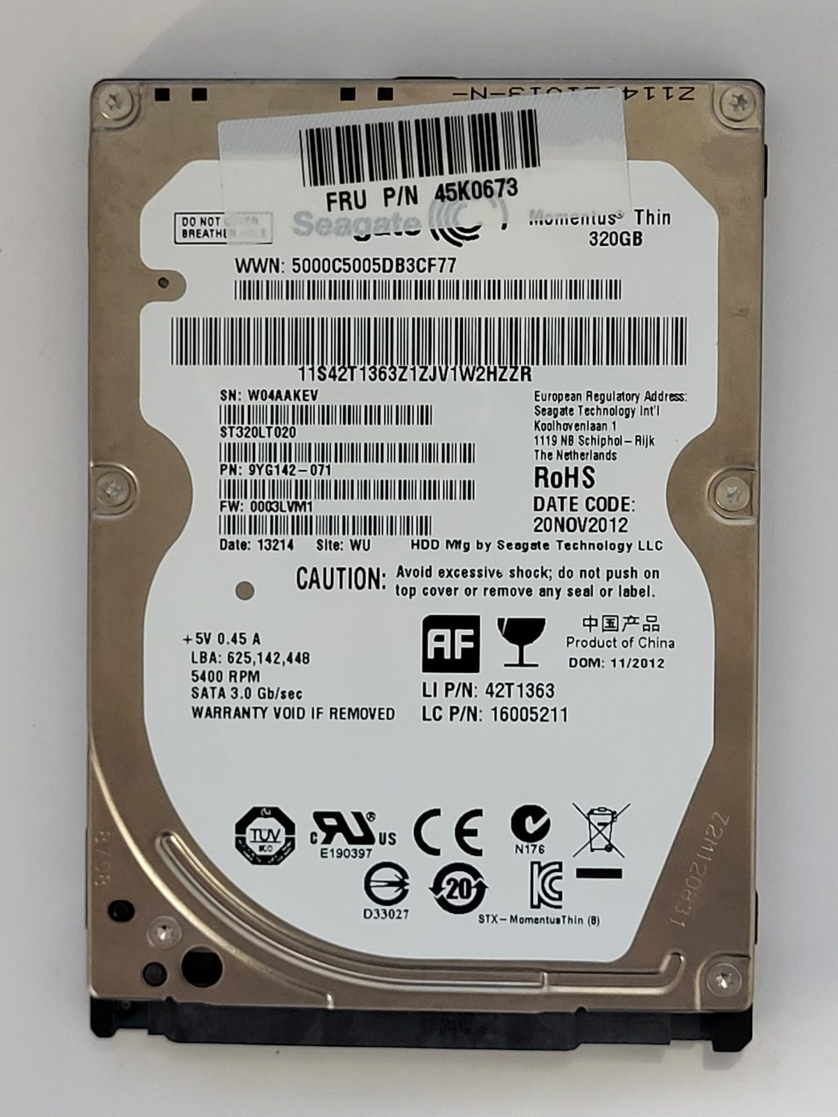 ST320LT020, PN:9YG142-071, SN:W04, WU, FW:0003LVM1, 13214 | Seagate 320Go 2,5" SATA HDD STK