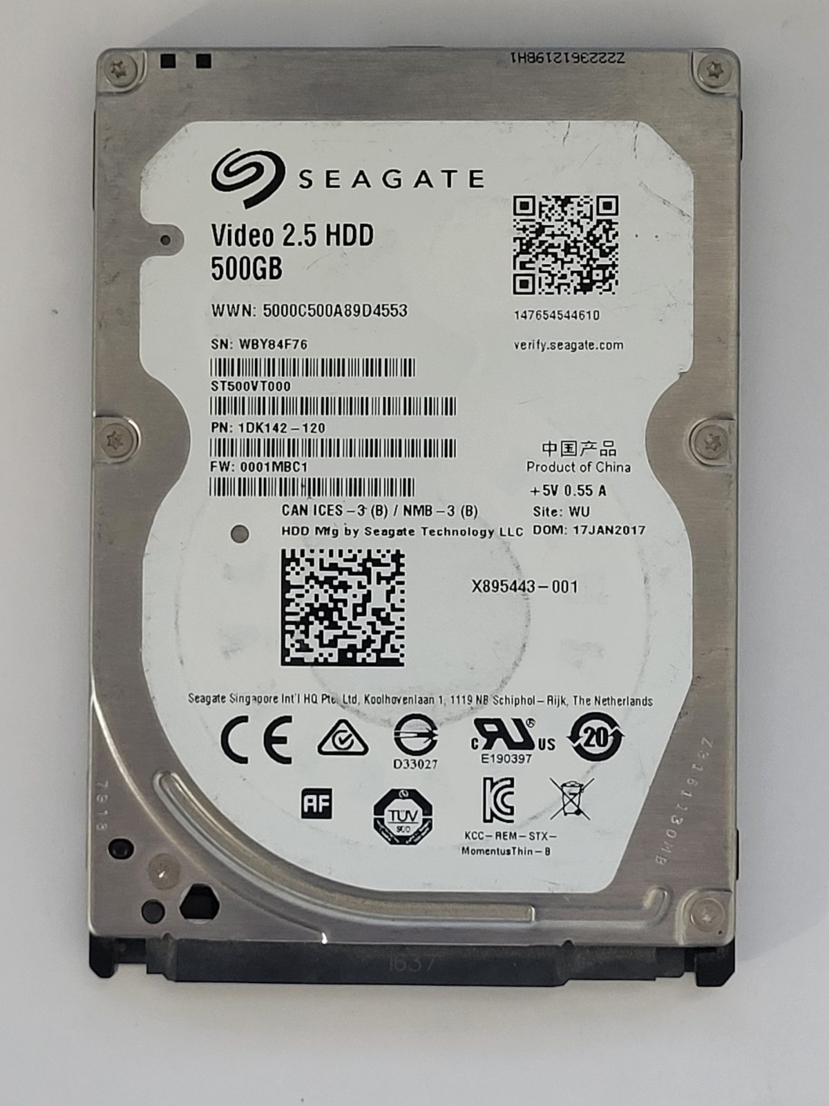 ST500VT000, PN:1DK142-120, SN:WBY, WU, FW:0001MBC1, 17 JAN 2017 | Seagate 500Go 2,5" SATA HDD STK