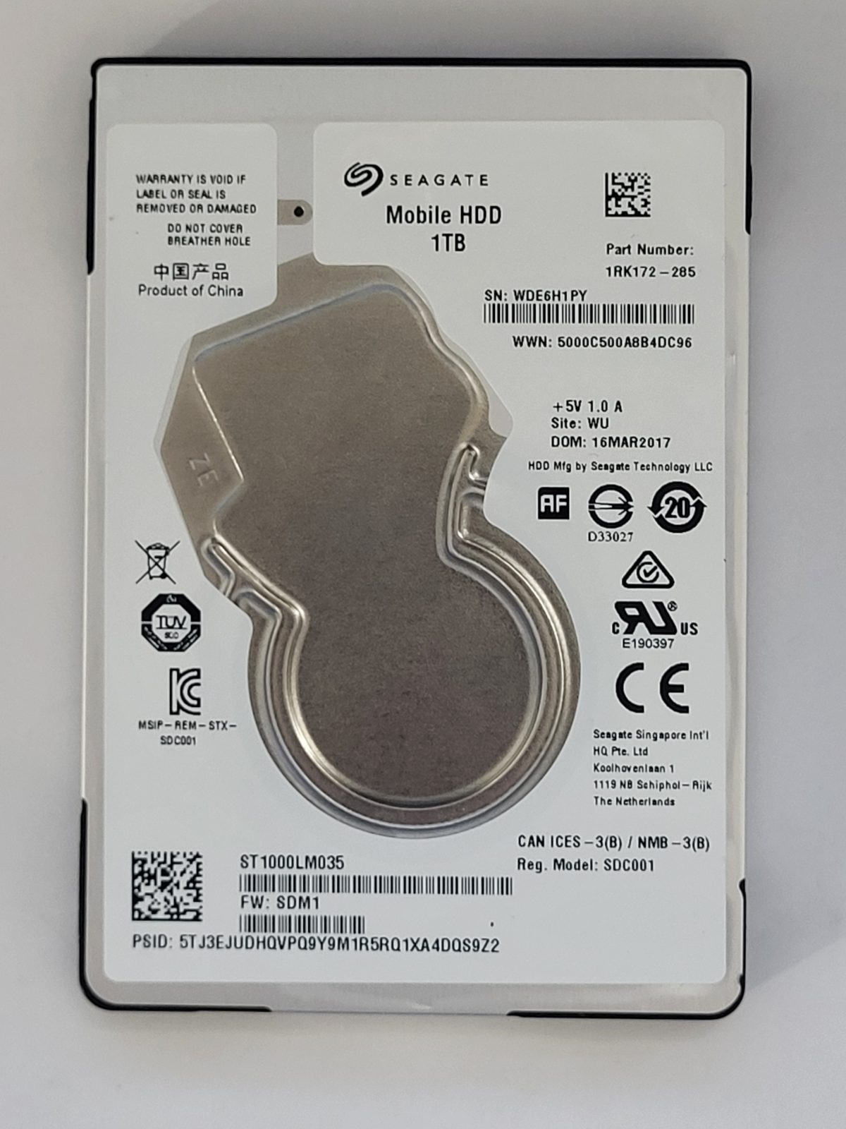 ST1000LM035, PN:1RK172-285, SN:WDE, WU, FW:SDM1, 16 MAR 2017 | Seagate 1To 2,5" SATA HDD STK