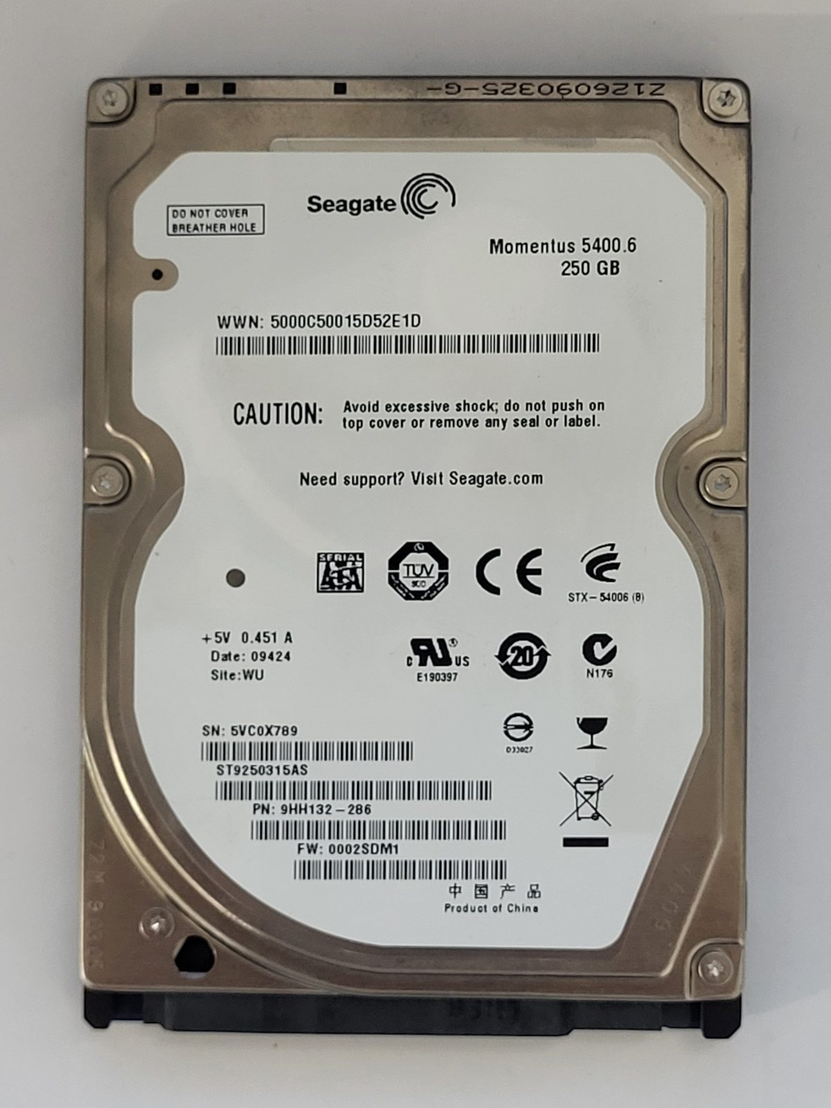 ST9250315AS, PN:9HH132-286, SN:5VC, WU, FW:0002SDM1, 09424 | Seagate 250Go 2,5" SATA HDD STK