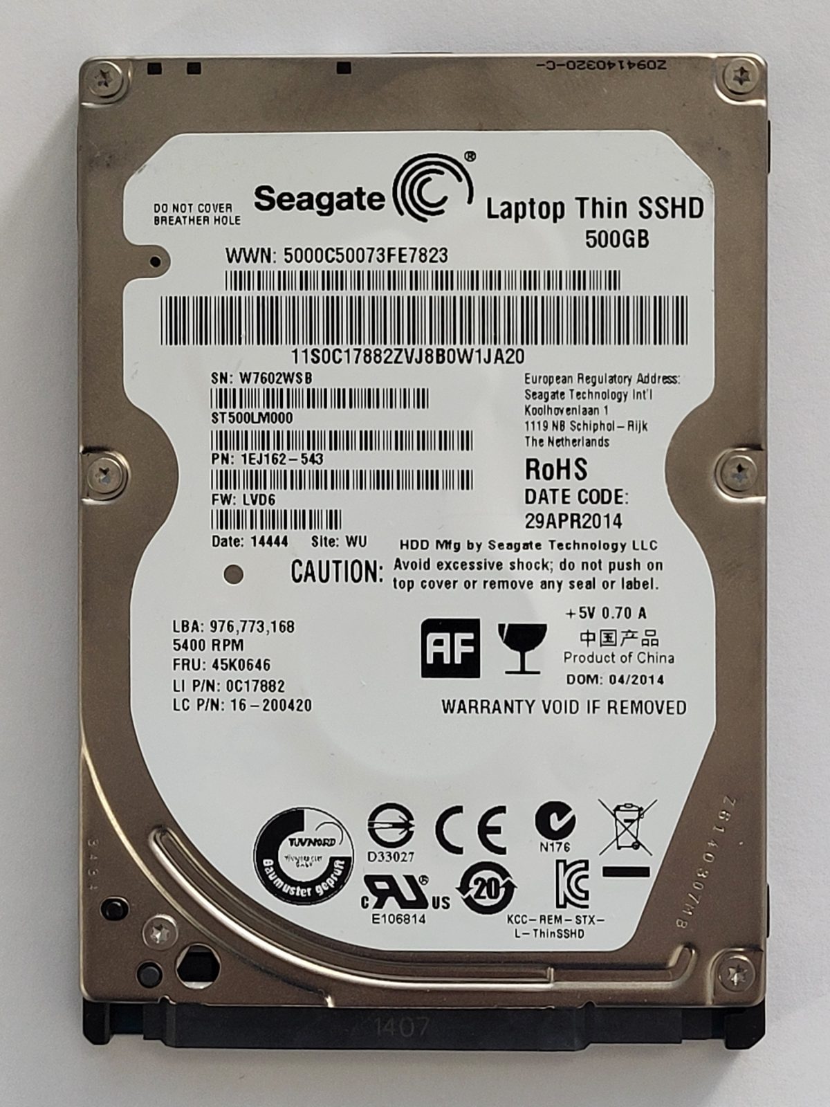 ST500LM000, PN:1EJ162-543, SN:W76, WU, FW:LVD6, 14444 | Seagate 500Go 2,5" SATA HDD STK