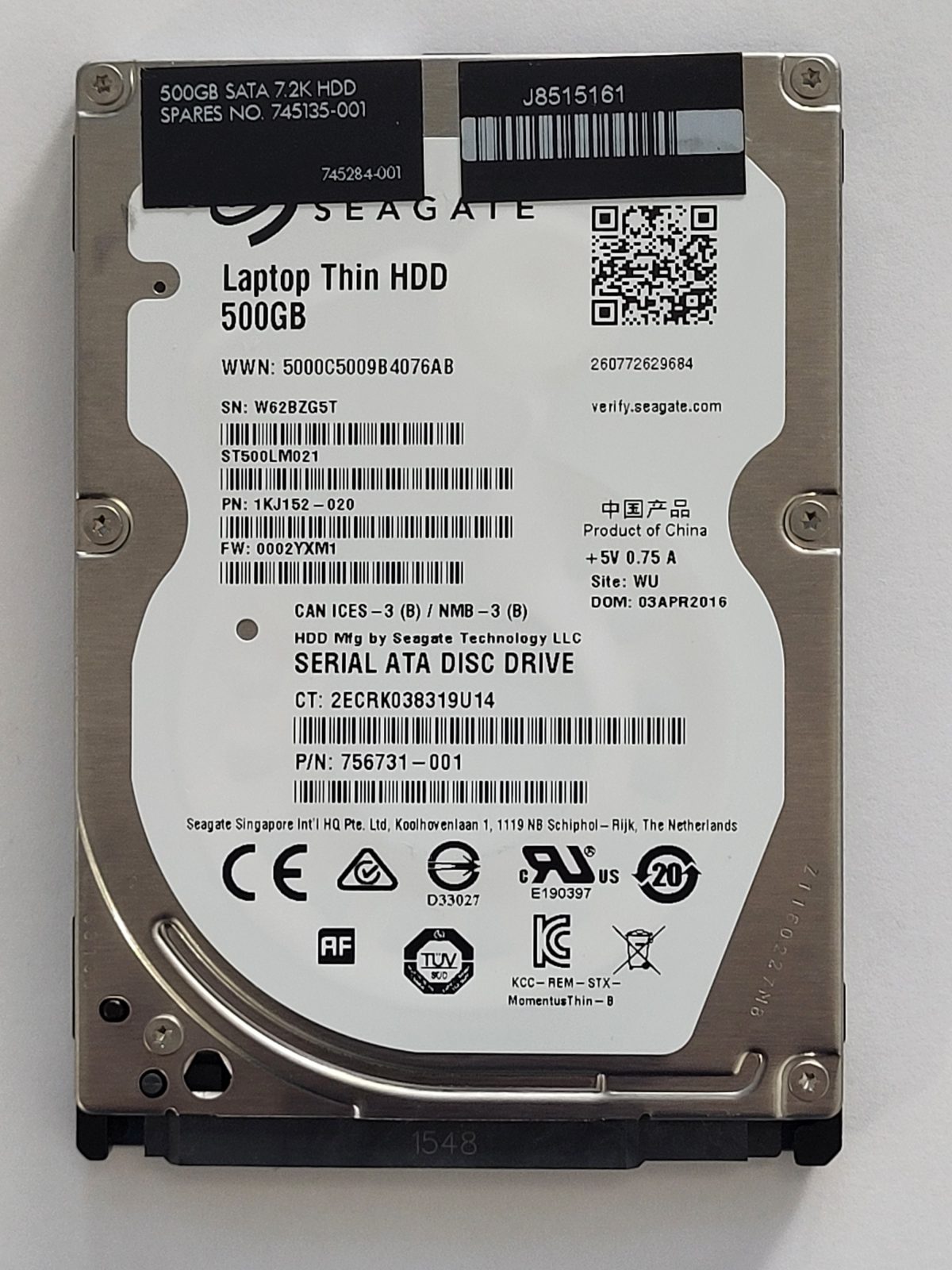 ST500LM021, PN:1KJ152-020, SN:W62, WU, FW:0002YXM1, 03 APR 2016 | Seagate 500Go 2,5" SATA HDD STK