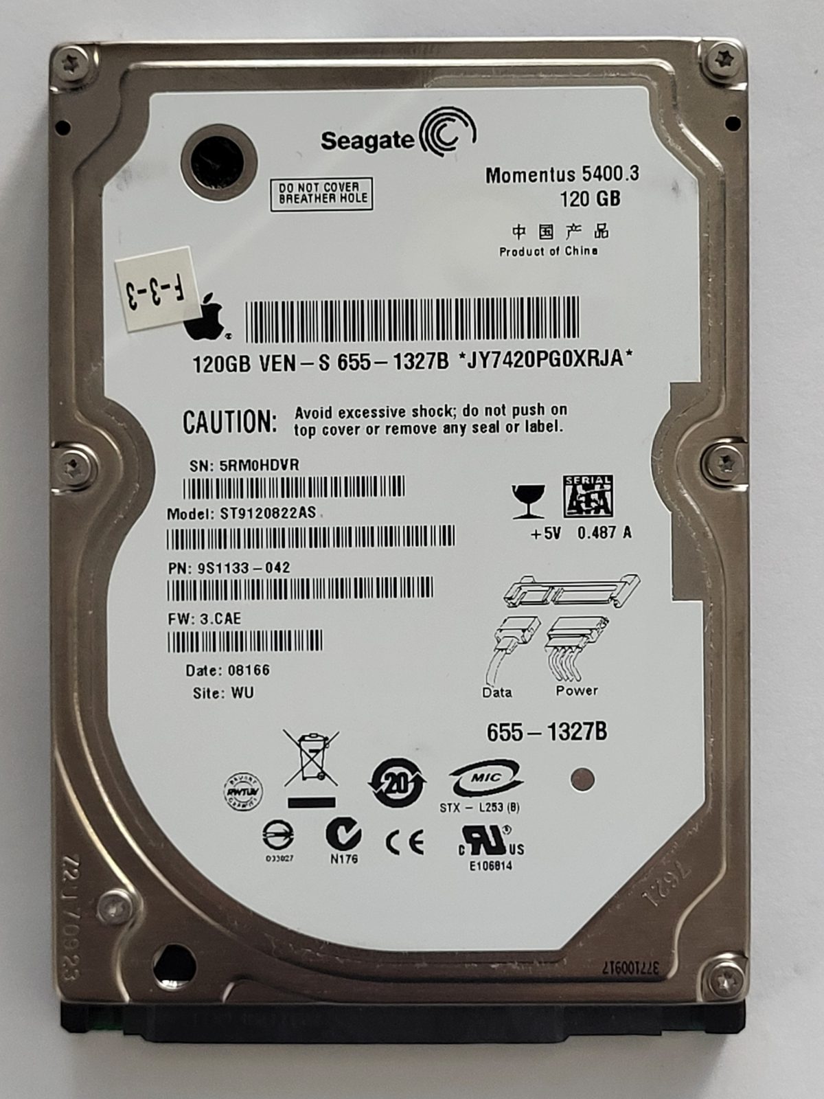 ST9120822AS, PN:9S1133-042, SN:5RM, WU, FW:3.CAE, 08166 | Seagate 120Go 2,5" SATA HDD STK