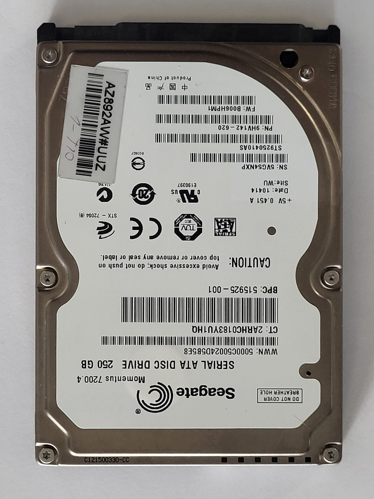 ST9250410AS, PN:9HV142-620, SN:5VG, WU, FW:B006HPM1, 10414 | Seagate 250Go 2,5" SATA HDD STK