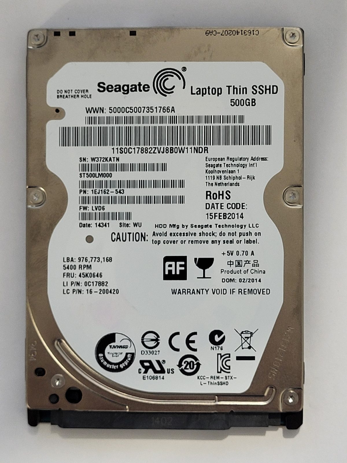 ST500LM000, PN:1EJ162-543, SN:W37, WU, FW:LVD6, 15 FEB 2014 | Seagate 500Go 2,5" SATA HDD STK