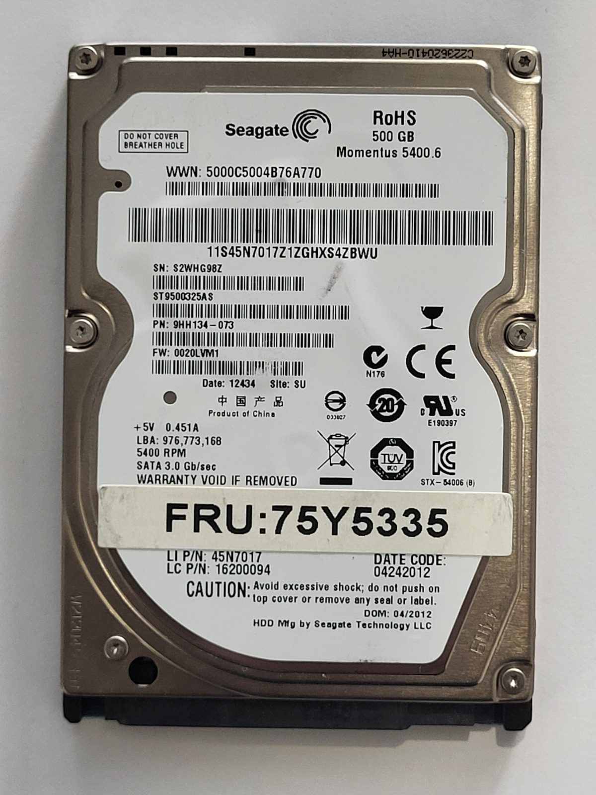 ST9500325AS, PN:9HH134-073, SN:S2W, SU, FW:0020LVM1, 12434 | Seagate 500Go 2,5" SATA HDD STK