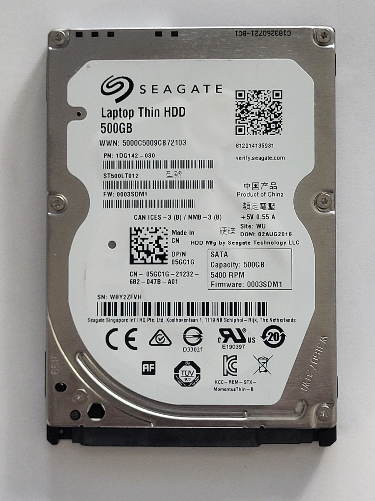ST500LT012, PN:1DG142-030, SN:WBY, WU, FW:0003SDM1, 02 AUG 2016 | Seagate 500Go 2,5" SATA HDD STK