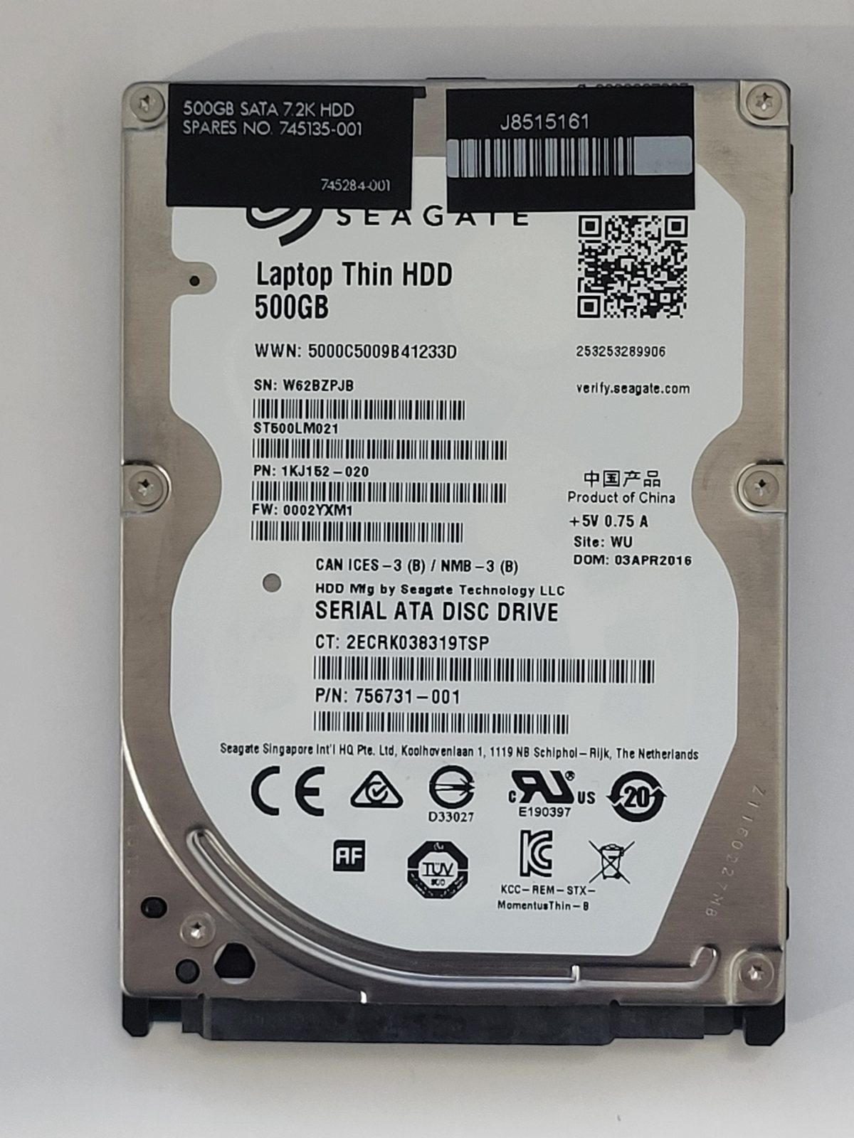 ST500LM021, PN:1KJ152-020, SN:W62, WU, FW:0002YXM1, 03 APR 2016 | Seagate 500Go 2,5" SATA HDD STK
