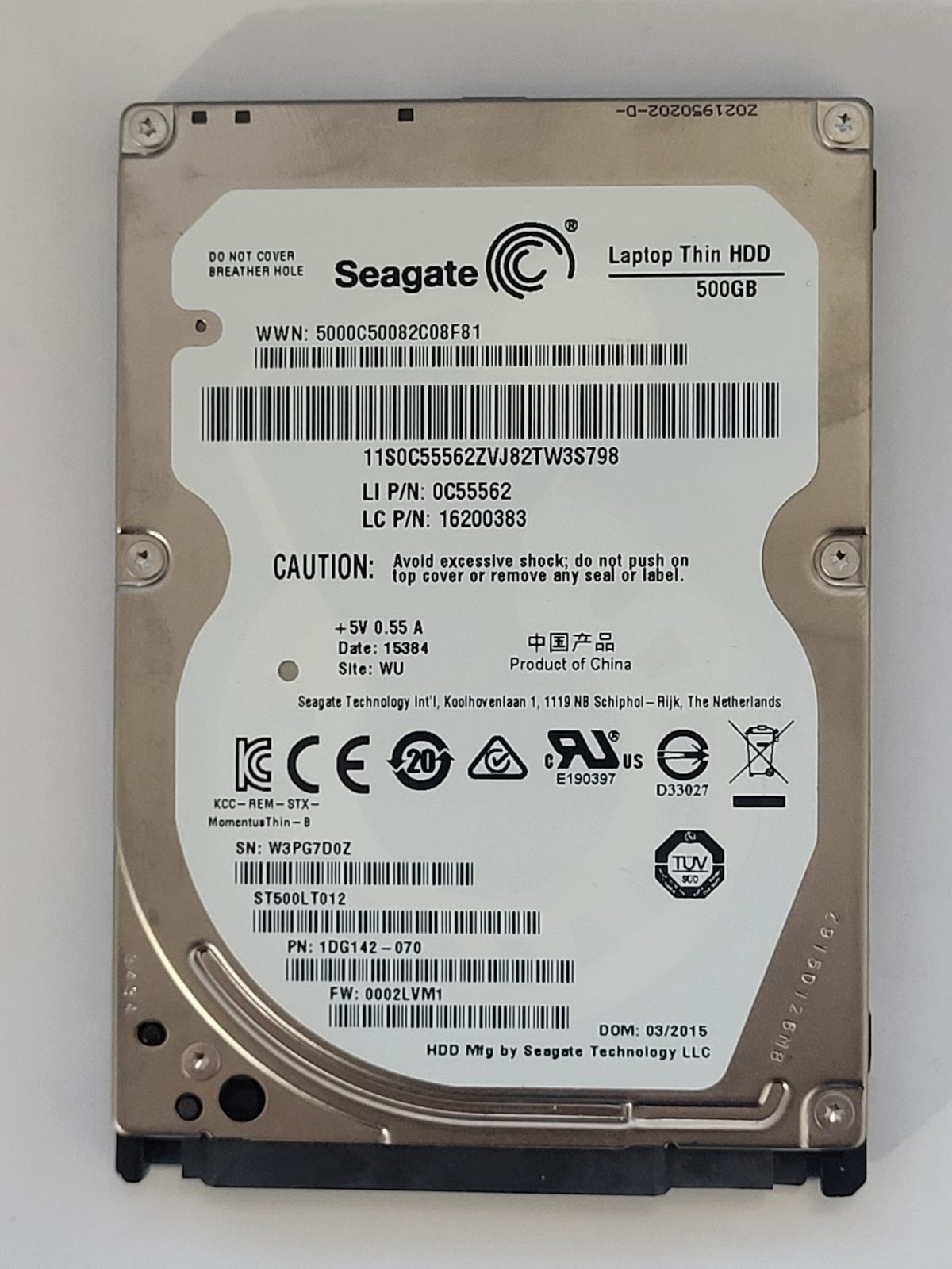 ST500LT012, PN:1DG142-070, SN:W3P, WU, FW:0002LVM1, 15384 | Seagate 500Go 2,5" SATA HDD STK