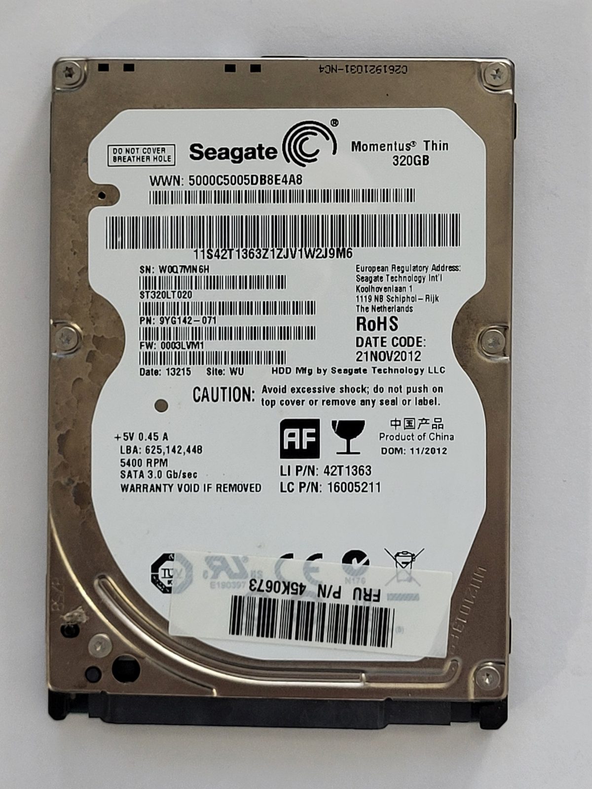 ST320LT020, PN:9YG142-071, SN:W0Q, WU, FW:0003LVM1, 13215 | Seagate 320Go 2,5" SATA HDD STK
