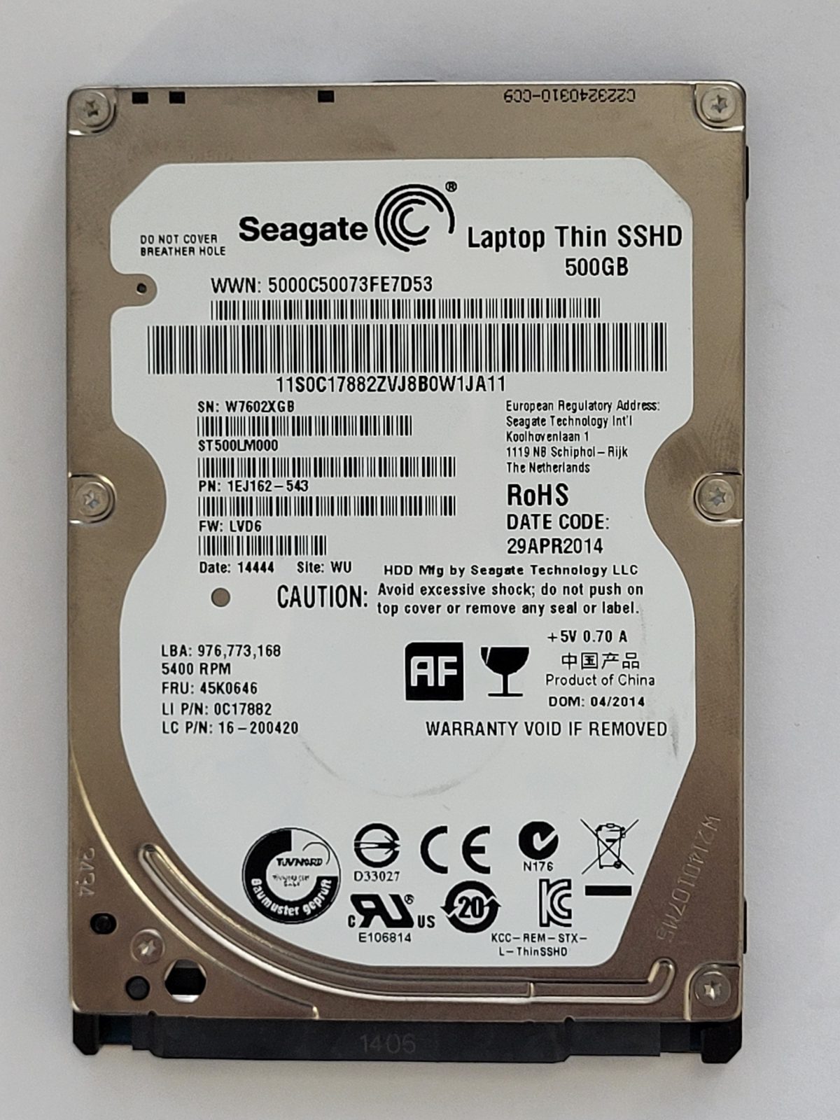ST500LM000, PN:1EJ162-543, SN:W76, WU, FW:LVD6, 14444 | Seagate 500Go 2,5" SATA HDD STK