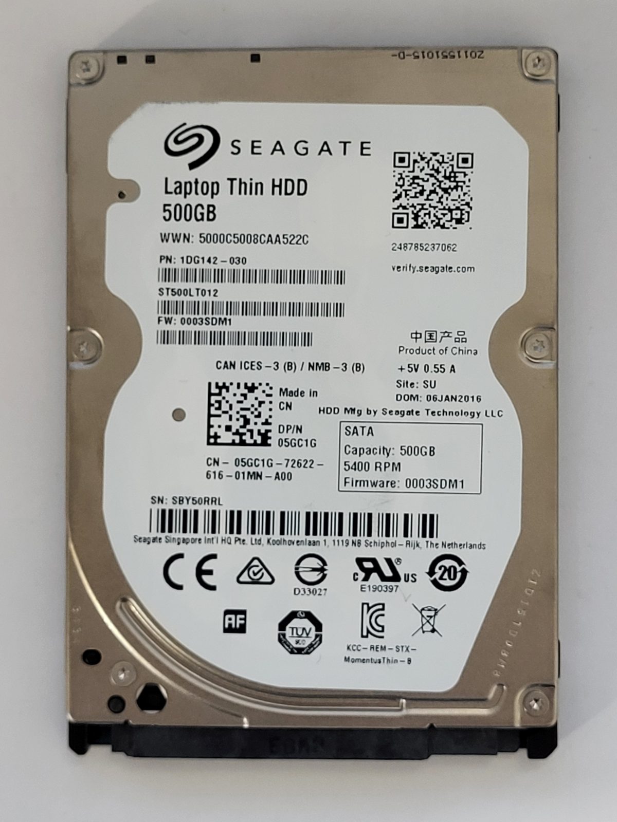 ST500LT012, PN:1DG142-030, SN:SBY, SU, FW:0003SDM1, 06 JAN 2016 | Seagate 500Go 2,5" SATA HDD STK