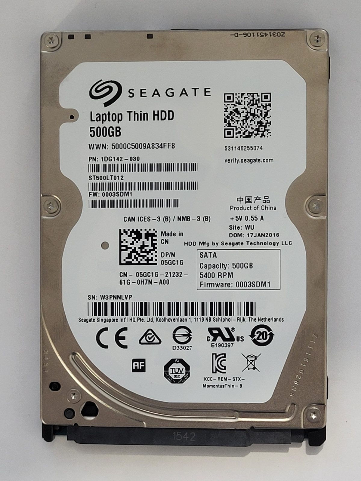 ST500LT012, PN:1DG142-030, SN:W3P, WU, FW:0003SDM1, 17 JAN 2016 | Seagate 500Go 2,5" SATA HDD STK