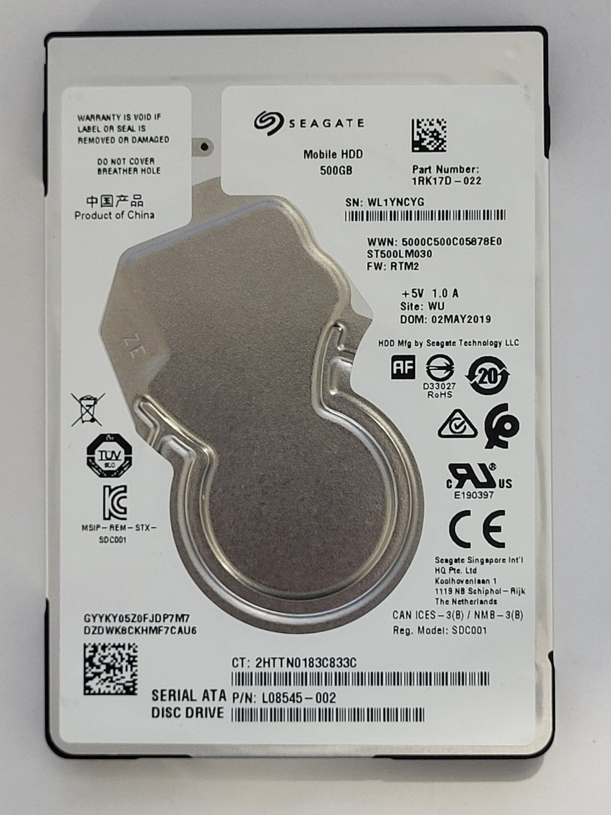ST500LM030, PN:1RK17D-022, SN:WL1, WU, FW:RTM2, 02 MAY 2019 | Seagate 500Go 2,5" SATA HDD STK