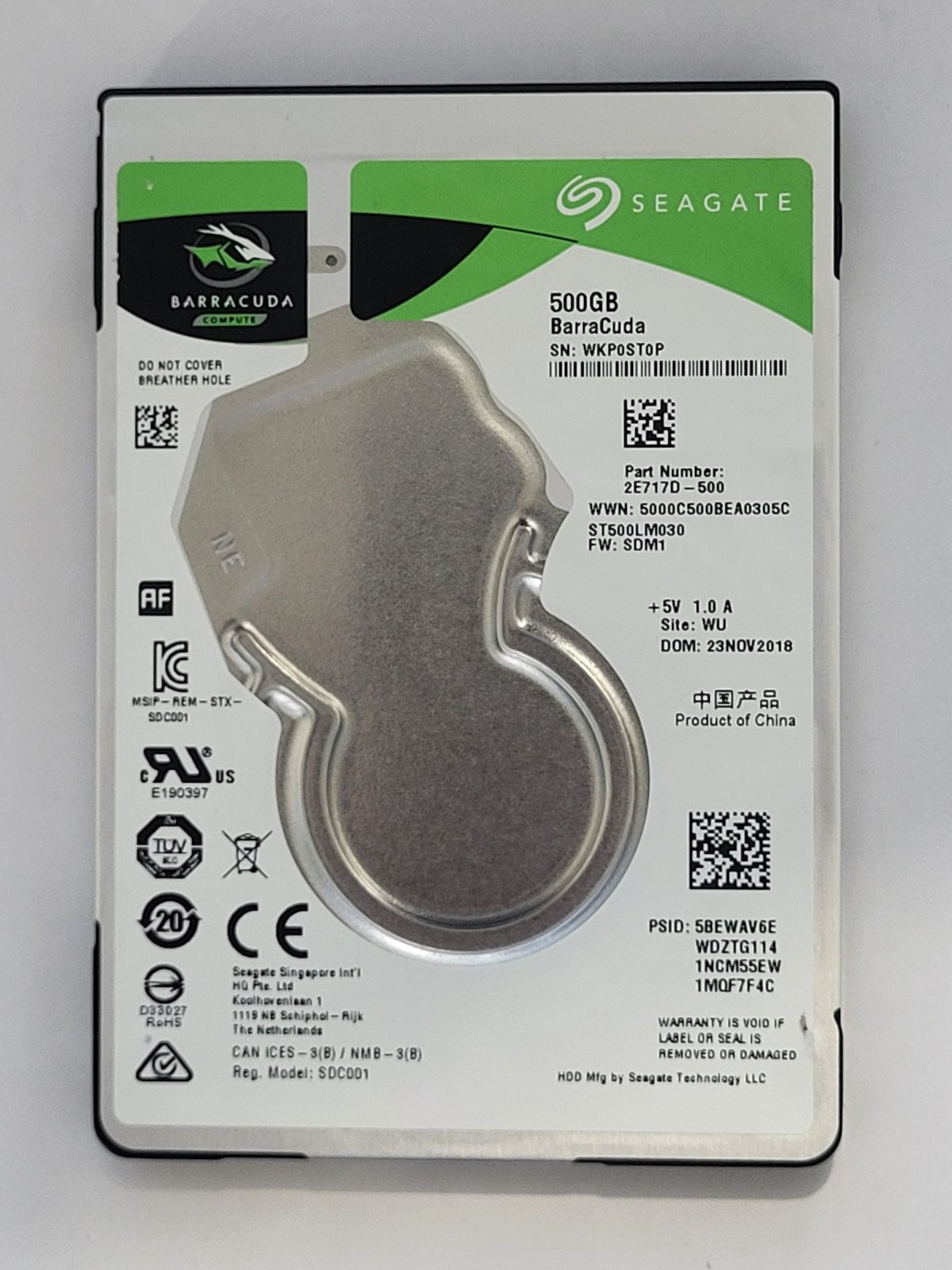 ST500LM030, PN:2E717D-500, SN:WKP, WU, FW:SDM1, 23 NOV 2018 | Seagate 500Go 2,5" SATA HDD STK