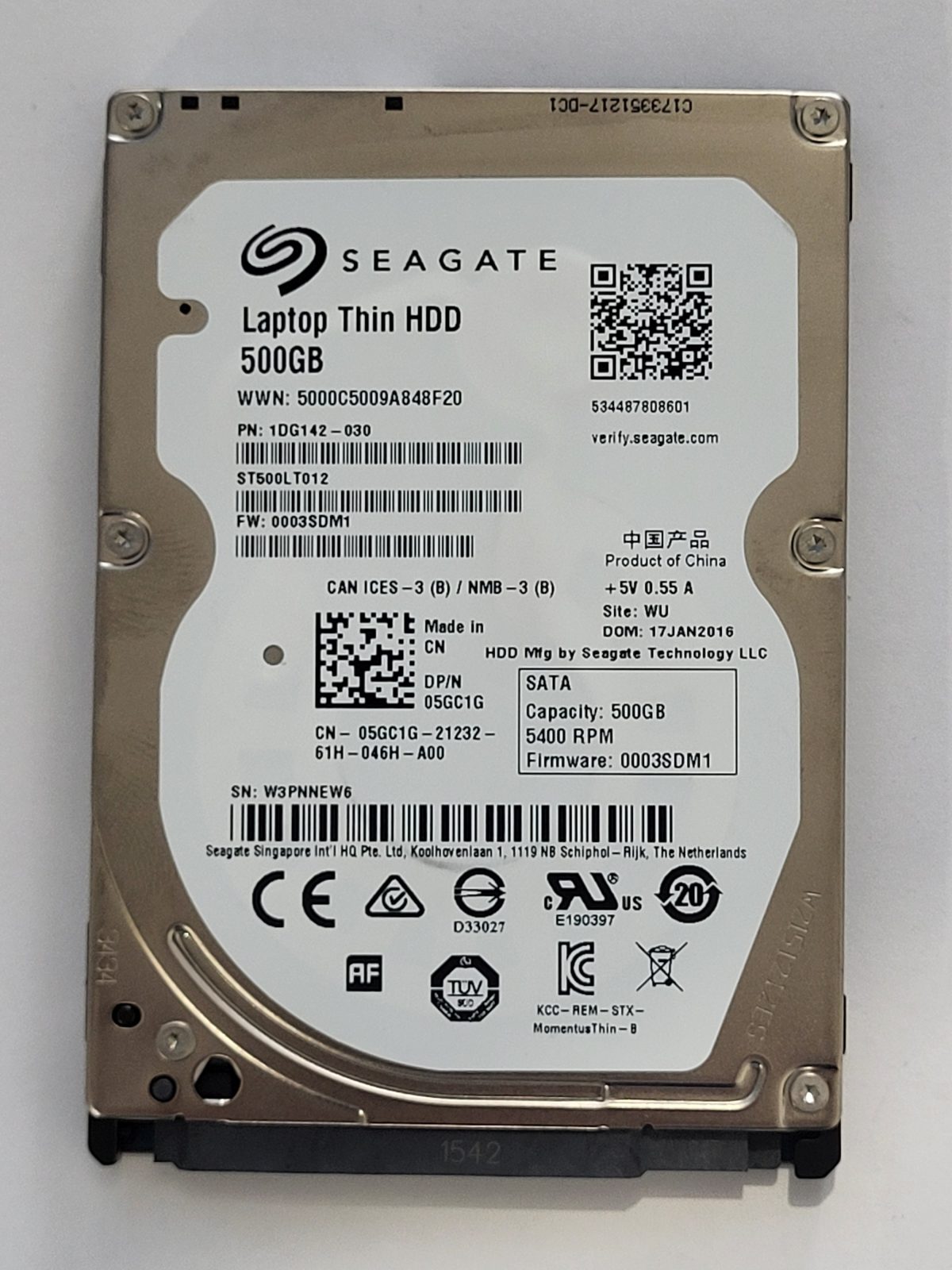ST500LT012, PN:1DG142-030, SN:W3P, WU, FW:0003SDM1, 17 JAN 2016 | Seagate 500Go 2,5" SATA HDD STK