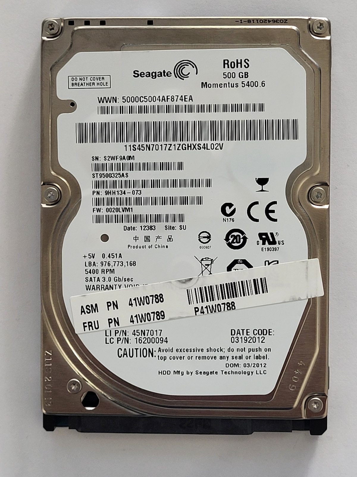 ST9500325AS, PN:9HH134-073, SN:S2W, SU, FW:0020LVM1, 12383 | Seagate 500Go 2,5" SATA HDD STK