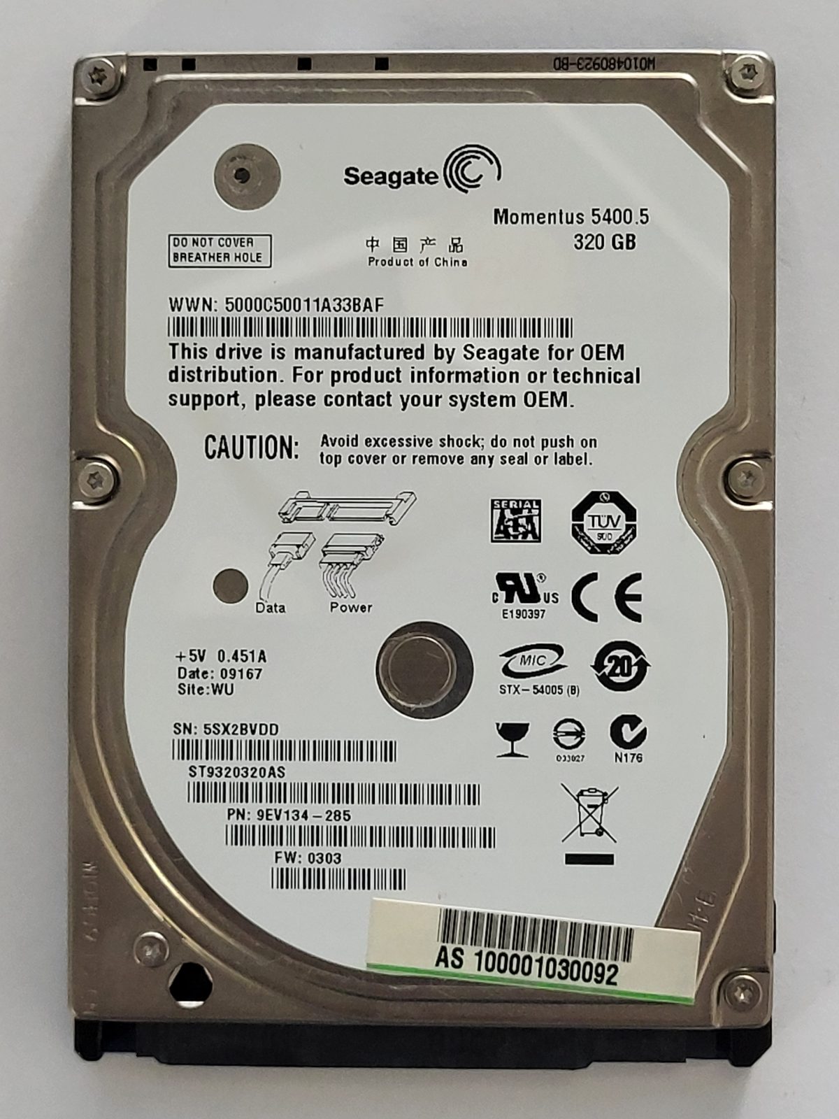 ST9320320AS, PN:9EV134-285, SN:5SX, WU, FW:0303, 09167 | Seagate 320Go 2,5" SATA HDD STK