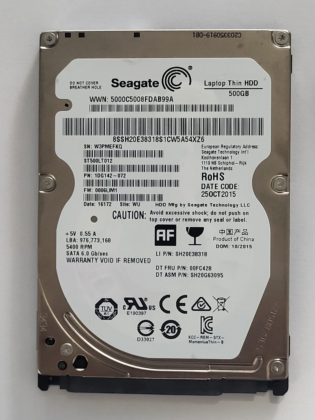 ST500LT012, PN:1DG142-072, SN:W3P, WU, FW:0006LIM1, 16172 | Seagate 500Go 2,5" SATA HDD STK