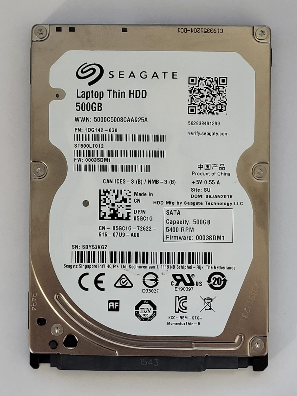 ST500LT012, PN:1DG142-030, SN:SBY, SU, FW:0003SDM1, 06 JAN 2016 | Seagate 500Go 2,5" SATA HDD STK
