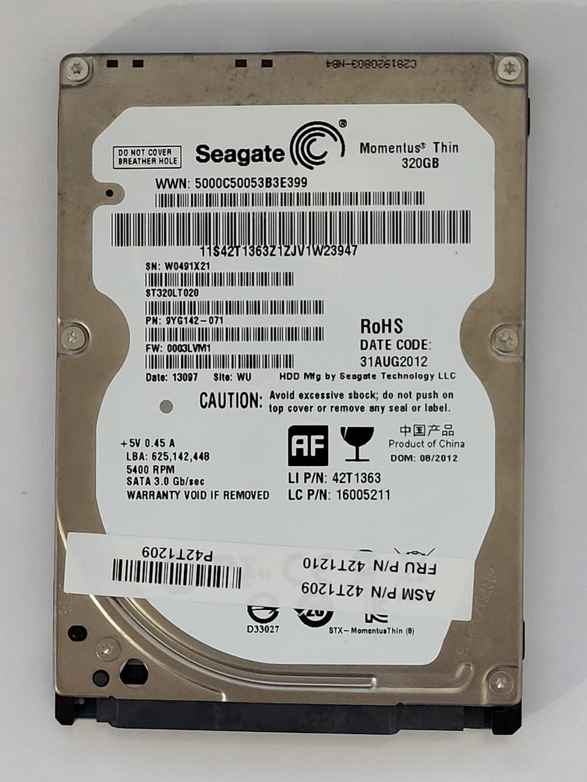 ST320LT020, PN:9YG142-071, SN:W04, WU, FW:0003LVM1, 13097 | Seagate 320Go 2,5" SATA HDD STK