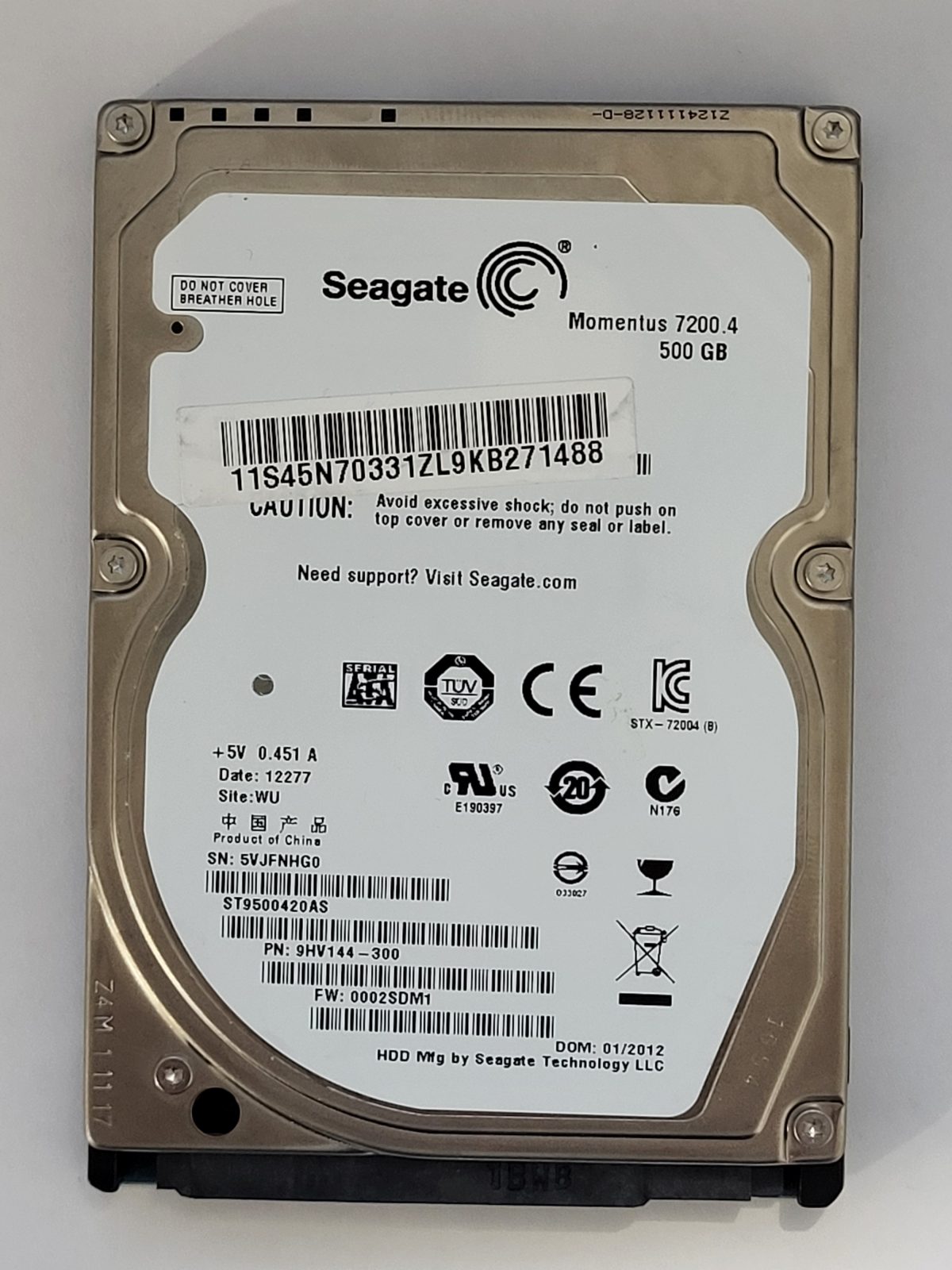 ST9500420AS, PN:9HV144-300, SN:5VJ, WU, FW:0003LVM1, 12277 | Seagate 500Go 2,5" SATA HDD STK