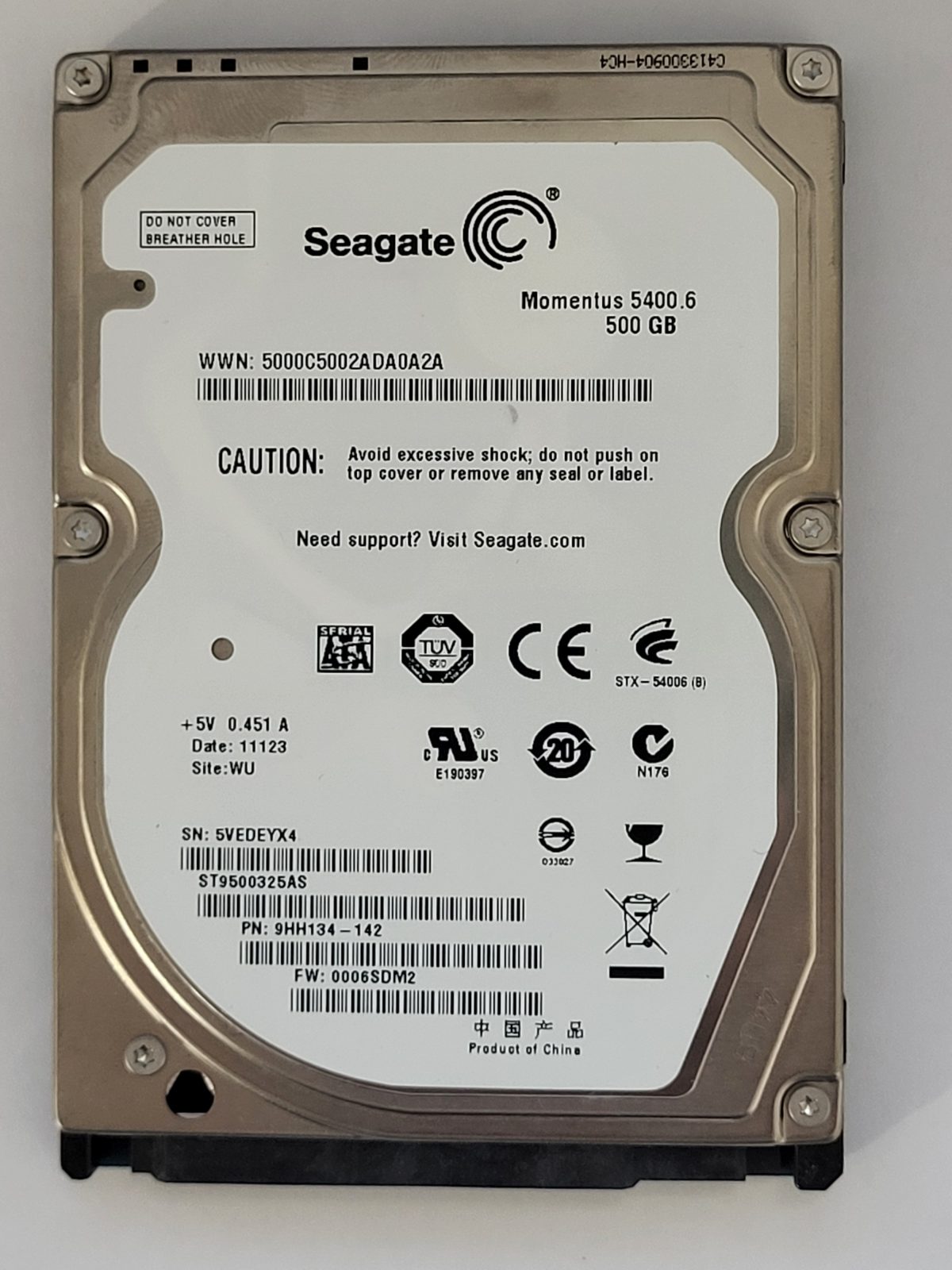 ST9500325AS, PN:9HH134-142, SN:5VE, WU, FW:0006SDM2, 11123 | Seagate 500Go 2,5" SATA HDD STK