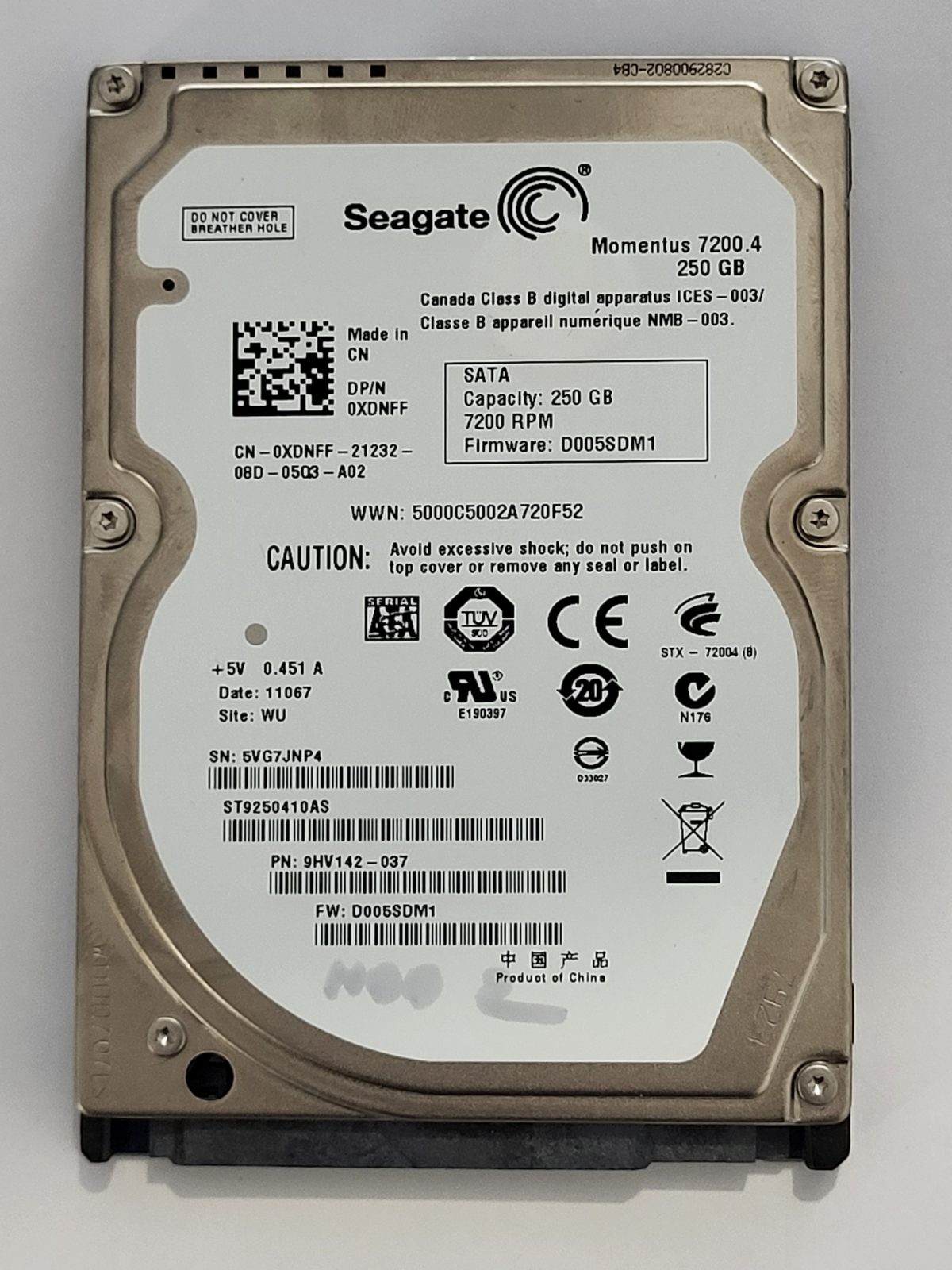 ST9250410AS, PN:9HV142-037, SN:5VG, WU, FW:D005SDM1, 11067 | Seagate 250Go 2,5" SATA HDD STK