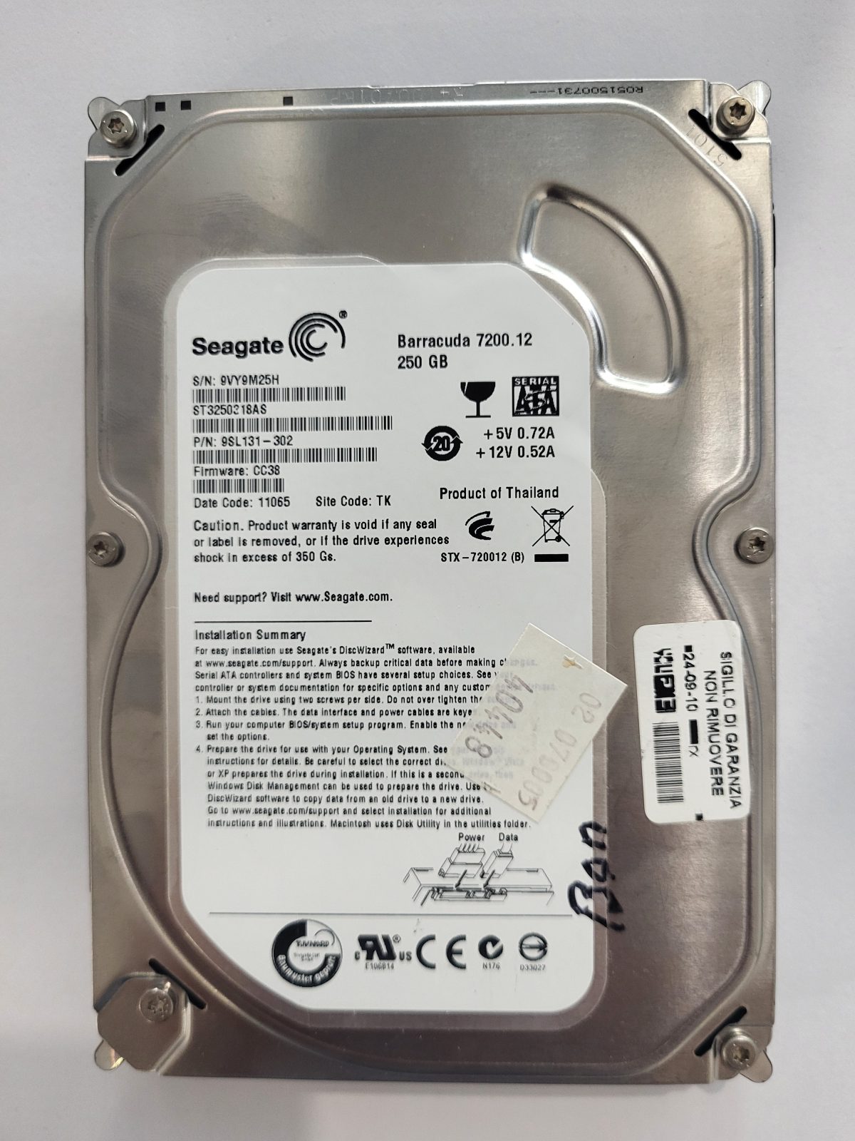 ST3250318AS, PN:9SL131-302, SN:9VY, TK, FW:CC38, 11065 | Seagate 250Go 3,5" SATA HDD STK