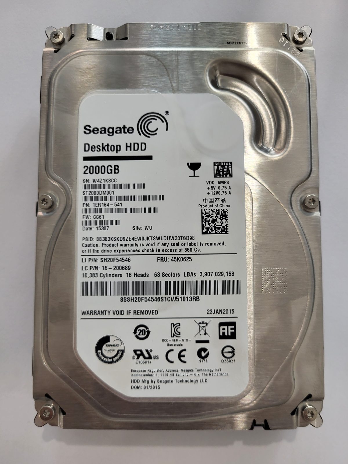 ST2000DM001, PN:1ER164-541, SN:W4Z, WU, FW:CC61, 15307 | Seagate 2To 3,5" SATA HDD STK