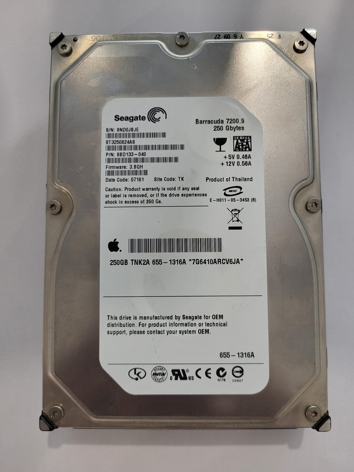ST3250824AS, PN:9BD133-040, SN:9ND, TK, FW:3.BQH, 07161 | Seagate 250Go 3,5" SATA HDD STK