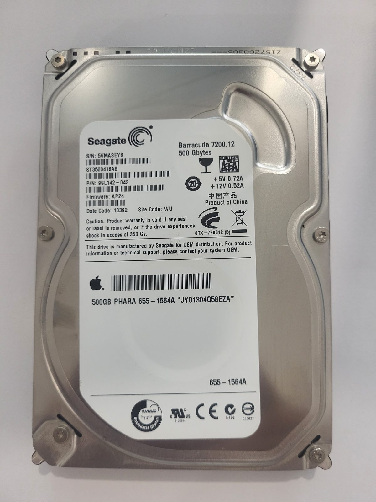 ST3500418AS, PN:9SL142-042, SN:5VM, WU, FW:AP24, 10392 | Seagate 500Go 3,5" SATA HDD STK