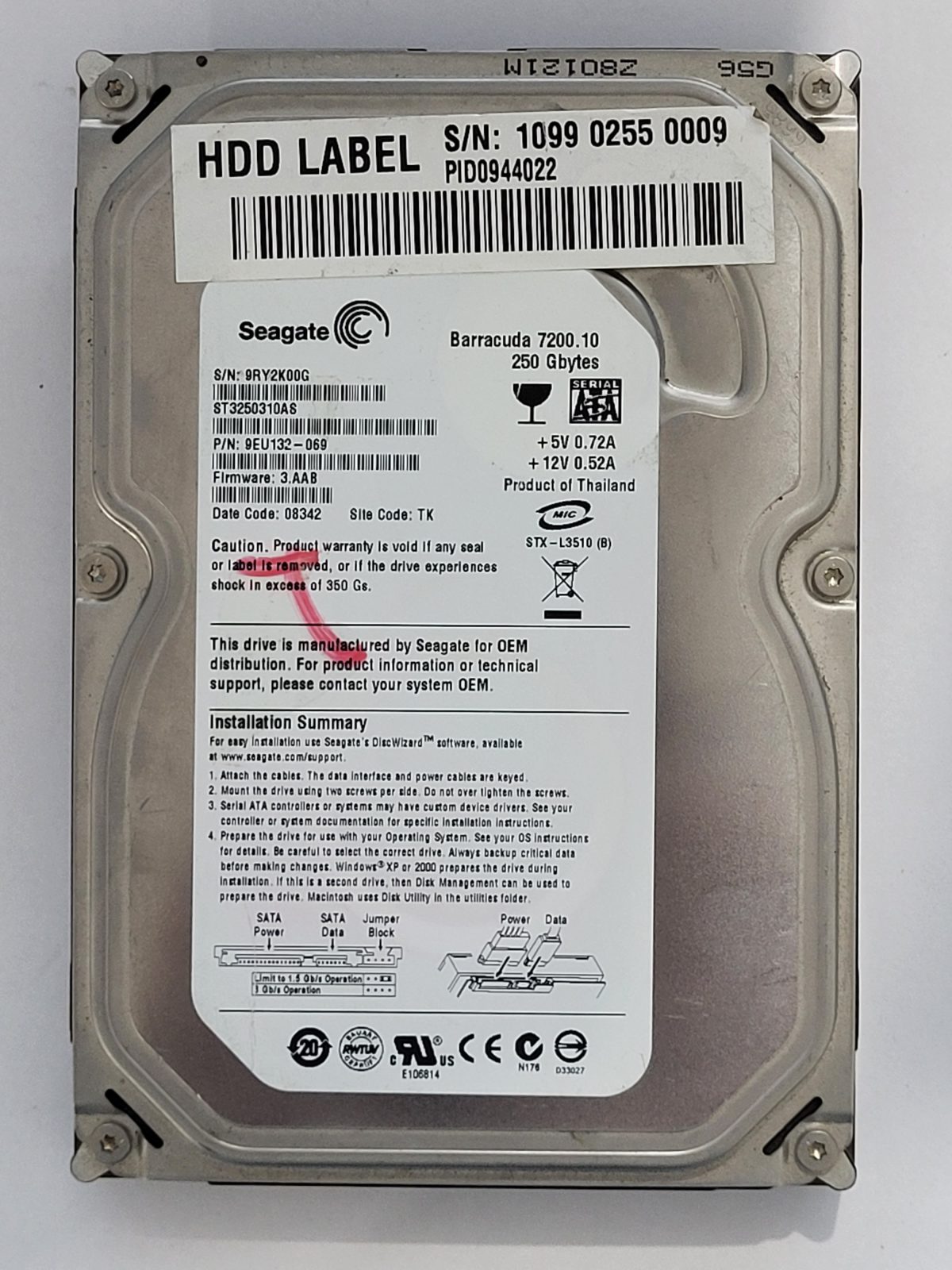 ST3250310AS, PN:9EU132-069, SN:9RY, TK, FW:3.AAB, 08342 | Seagate 250Go 3,5" SATA HDD STK