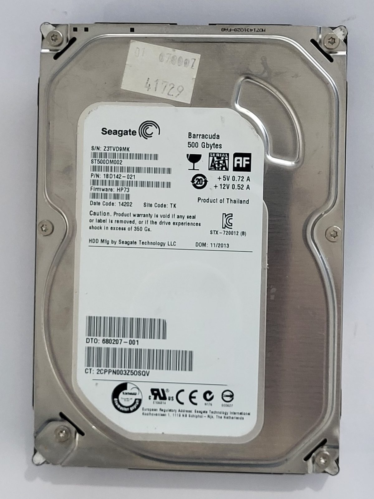 ST500DM002, PN:1BD142-021, SN:Z3T, TK, FW:HP73, 14202 | Seagate 500Go 3,5" SATA HDD STK