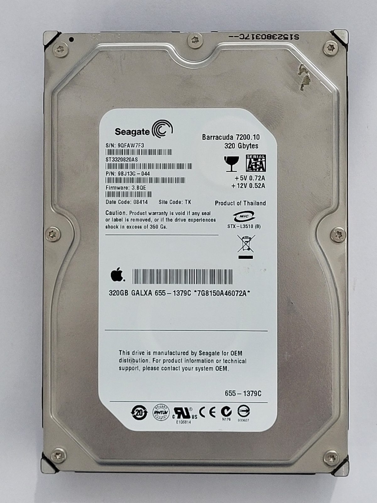 ST3320820AS, PN:9BJ13G-044, SN:9QF, TK, FW:3.BQE, 08414 | Seagate 320Go 3,5" SATA HDD STK
