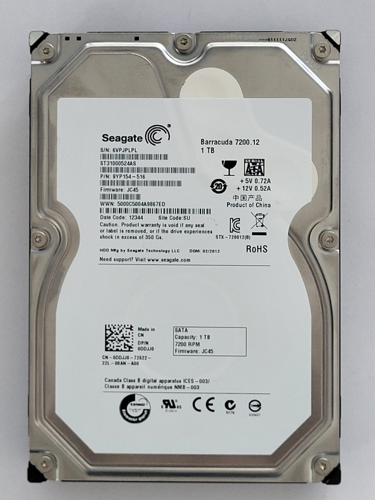 ST31000524AS, PN:9YP154-516, SN:6VP, SU, FW:JC45, 12344 | Seagate 1To 3,5" SATA HDD STK