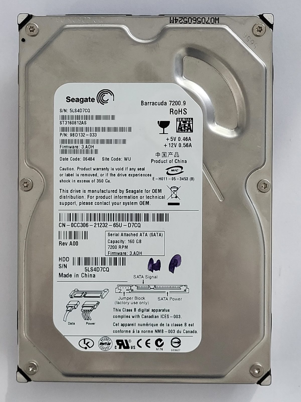 ST3160812AS, PN:9BD132-033, SN:5LS, WU, FW:3.ADH, 06484 | Seagate 160Go 3,5" SATA HDD STK