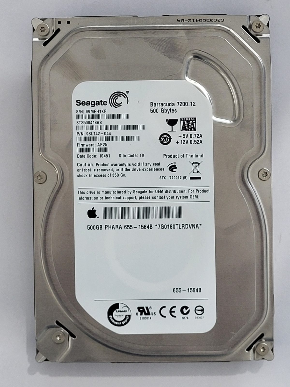 ST3500418AS, PN:9SL142-044, SN:9VM, TK, FW:AP25, 10451 | Seagate 500Go 3,5" SATA HDD STK