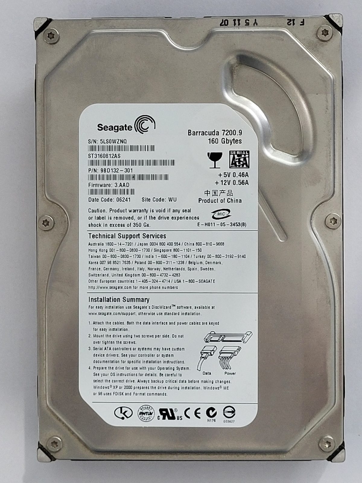 ST3160812AS, PN:9BD132-301, SN:5LS, WU, FW:3.ADD, 06241 | Seagate 160Go 3,5" SATA HDD STK