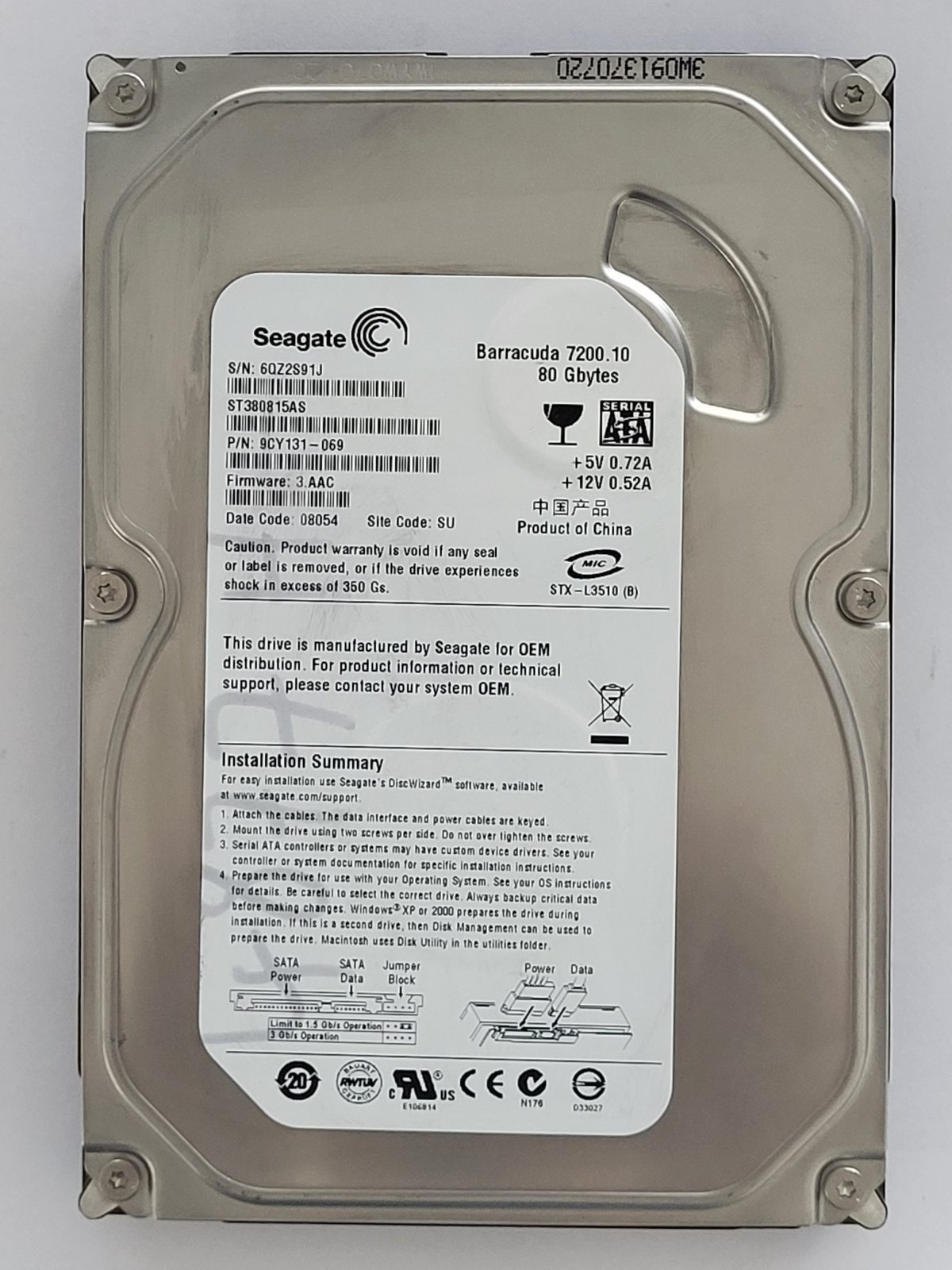 ST380815AS, PN:9CY131-069, SN:6QZ, SU, FW:3.AAC, 08054 | Seagate 80Go 3,5" SATA HDD STK