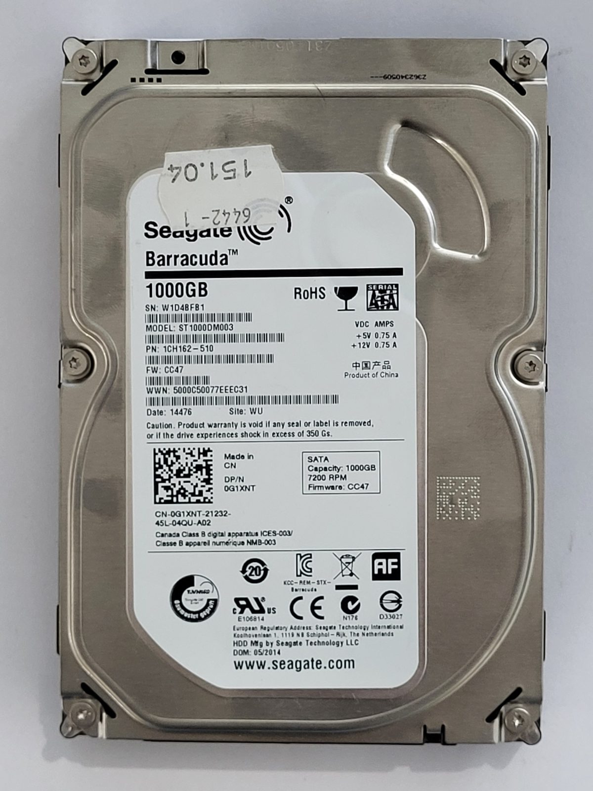 ST1000DM003, PN:1CH162-510, SN:W1D, WU, FW:CC47, 14476 | Seagate 1To 3,5" SATA HDD STK