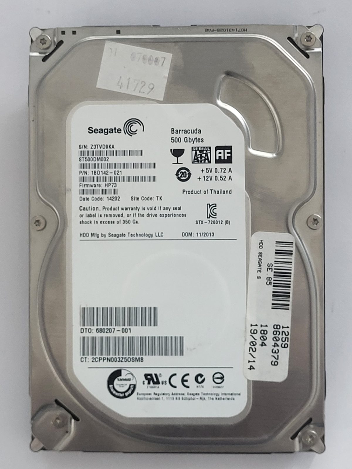 ST500DM002, PN:1BD142-021, SN:Z3T, TK, FW:HP73, 14202 | Seagate 500Go 3,5" SATA HDD STK