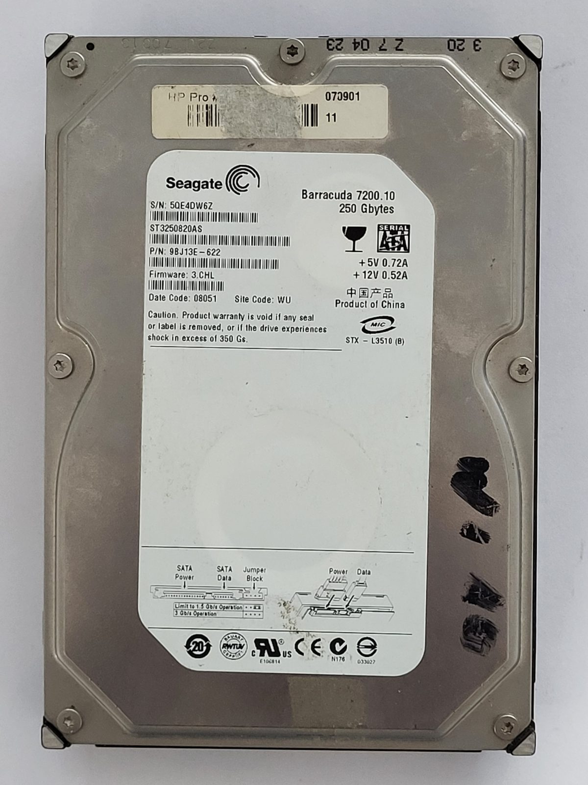 ST3250820AS, PN:9BJ13E-622, SN:5QE, WU, FW:3.CHL, 08051 | Seagate 250Go 3,5" SATA HDD STK