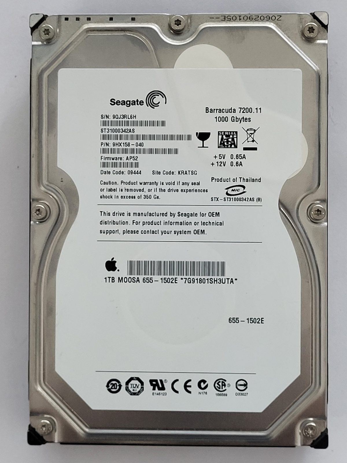 ST31000342AS, PN:9HX158-040, SN:9QJ, KRATSG, FW:AP52, 09444 | Seagate 1To 3,5" SATA HDD STK