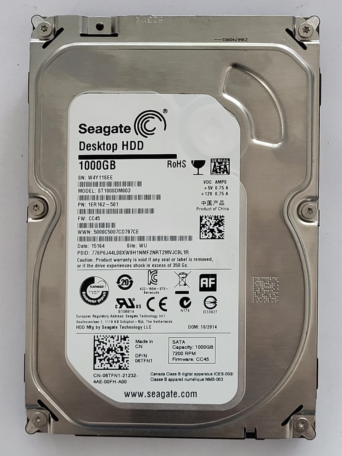 ST1000DM003, PN:1ER162-501, SN:W4Y, WU, FW:CC45, 15164 | Seagate 1To 3,5" SATA HDD STK