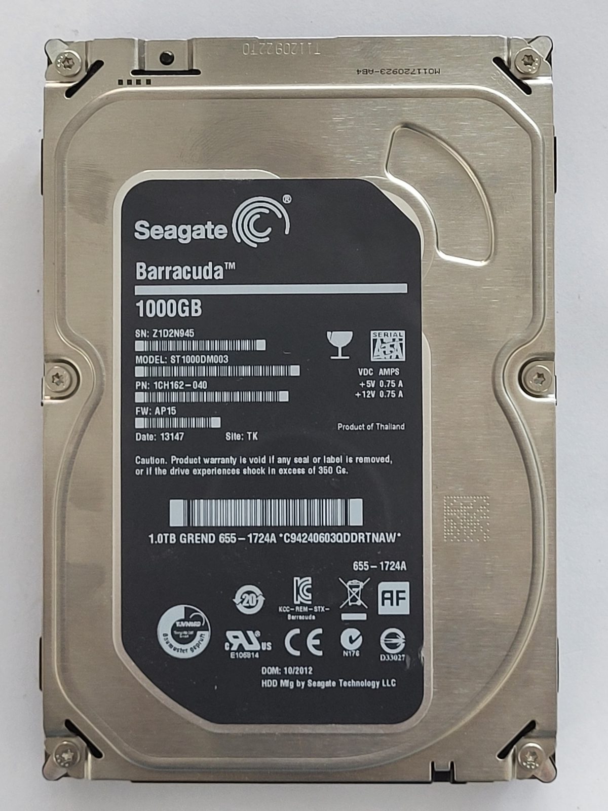 ST1000DM003, PN:1CH162-040, SN:Z1D, TK, FW:AP15, 13147 | Seagate 1To 3,5" SATA HDD STK