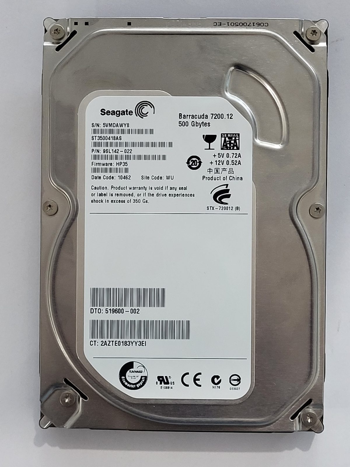ST3500418AS, PN:9SL142-022, SN:5VM, WU, FW:HP35, 10462 | Seagate 500Go 3,5" SATA HDD STK