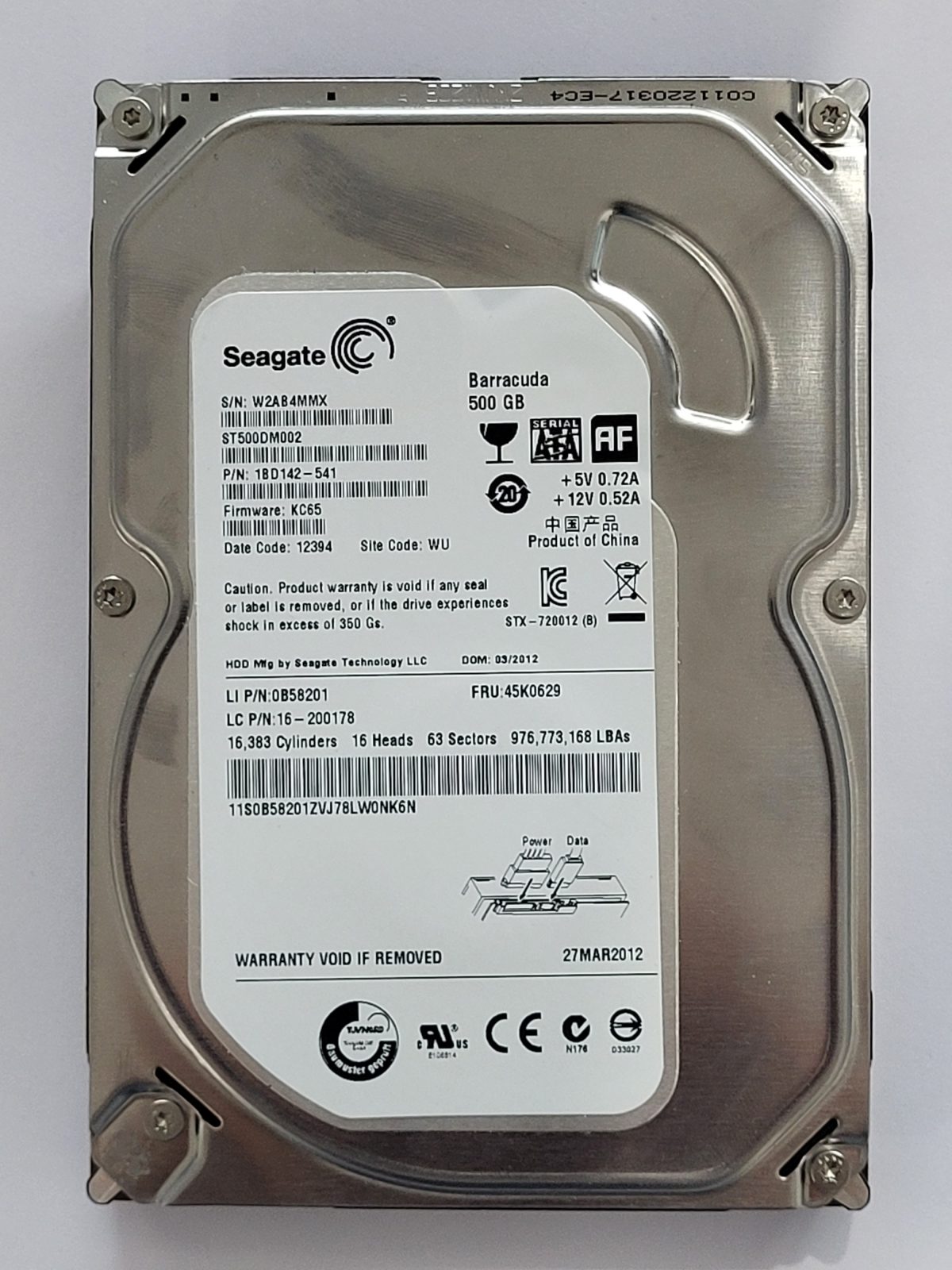 ST500DM002, PN:1BD142-541, SN:W2A, WU, FW:KC65, 12394 | Seagate 500Go 3,5" SATA HDD STK