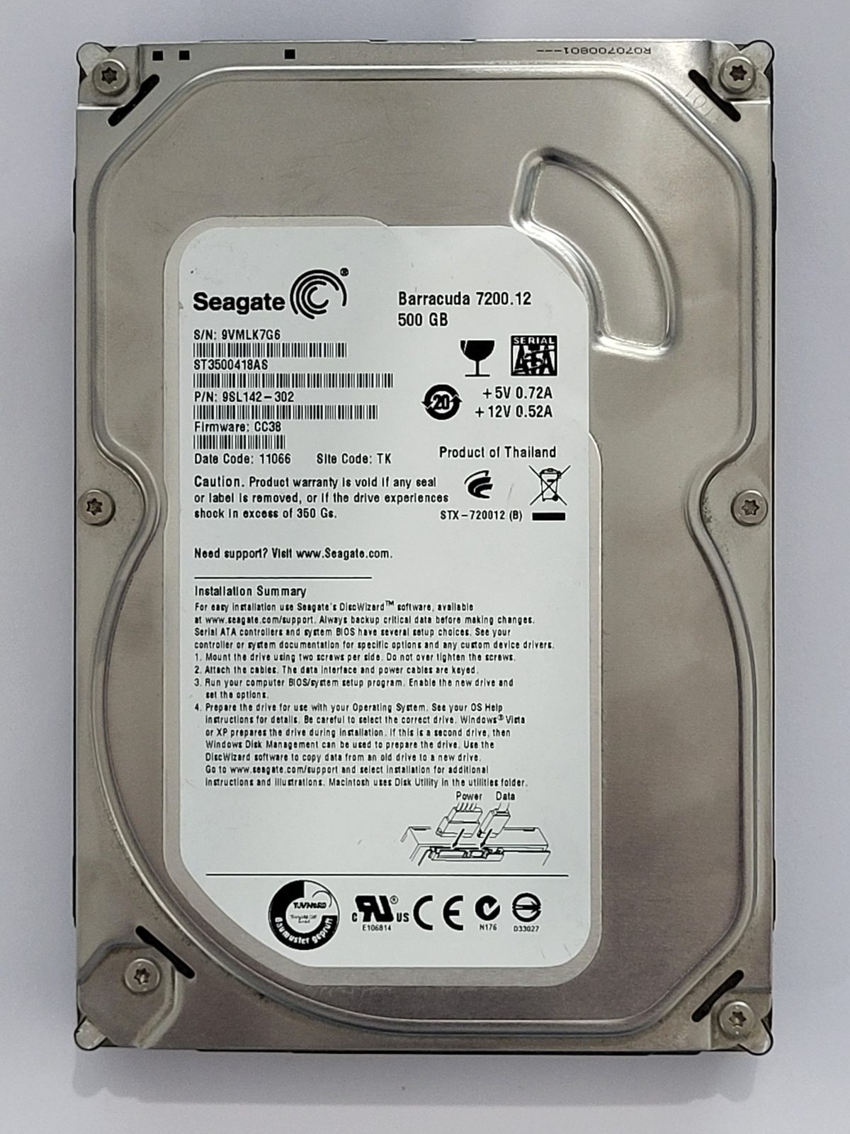 ST3500418AS, PN:9SL142-302, SN:9VM, TK, FW:CC38, 11066 | Seagate 500Go 3,5" SATA HDD STK